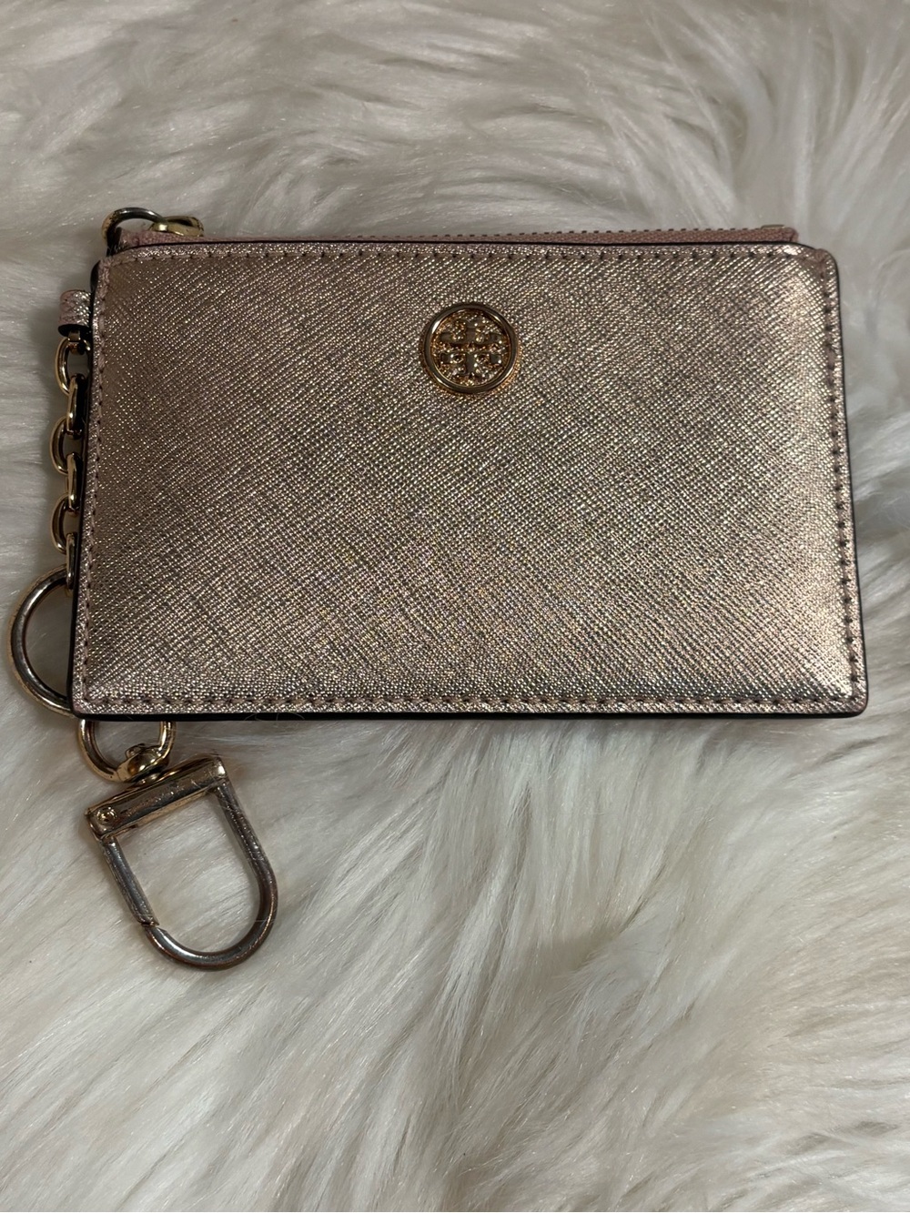 Tory Burch Top Zip Card Case Wallet Rose Gold Shiny 5.51 x 3.54